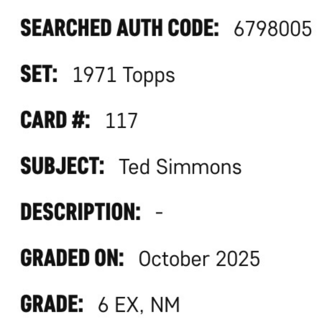 Ted Simmons SGC 6 1971 Topps Card #117