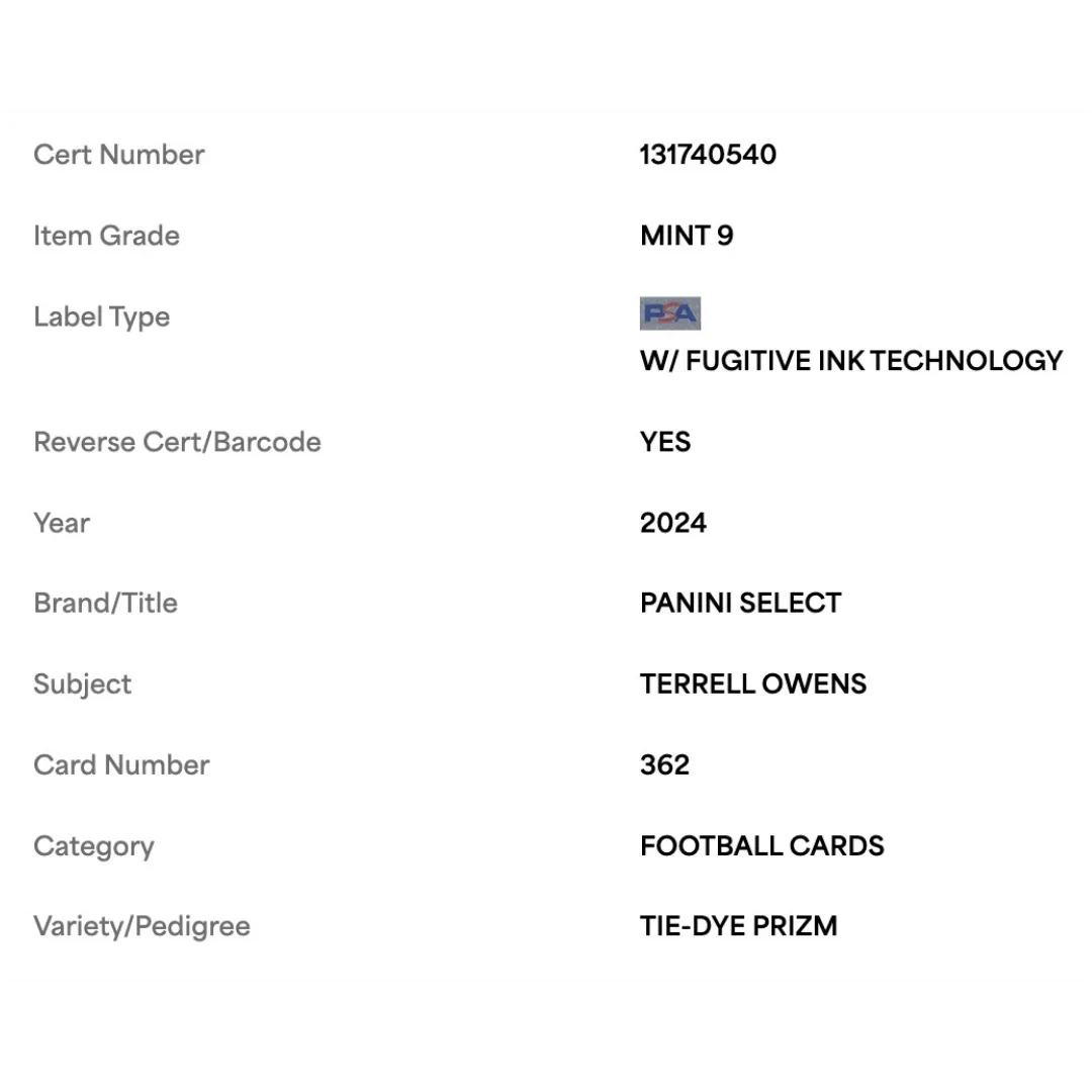 Terrell Owens PSA 9 2024 Panini Select Tie-Dye Prizm #d/ 25 Card #362