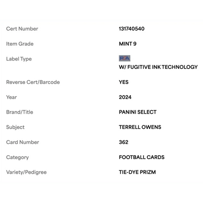Terrell Owens PSA 9 2024 Panini Select Tie-Dye Prizm #d/ 25 Card #362