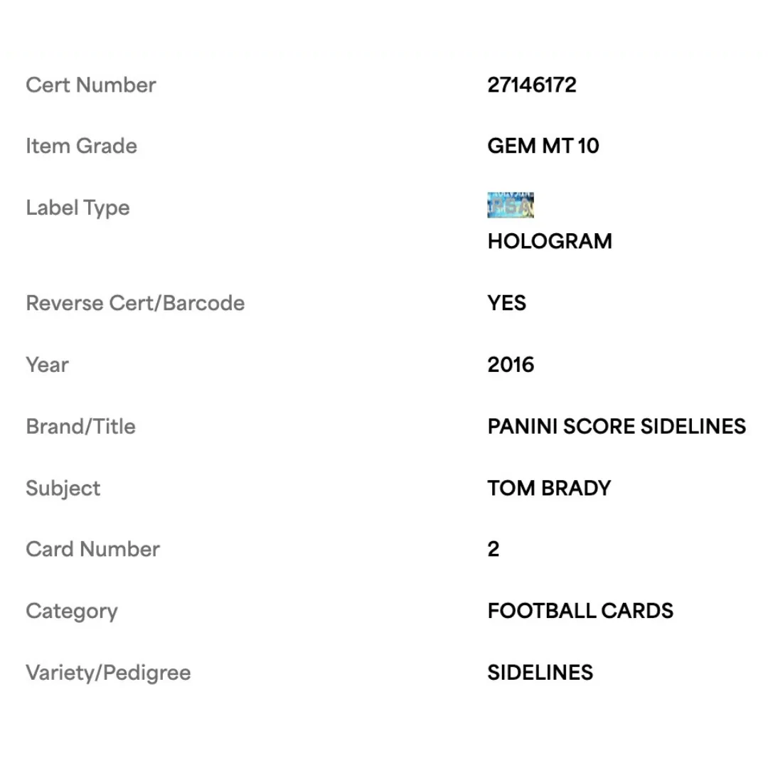 Tom Brady PSA 10 2016 Panini Score Sidelines Card #2