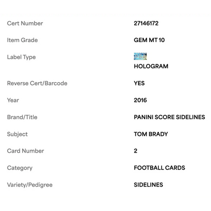 Tom Brady PSA 10 2016 Panini Score Sidelines Card #2