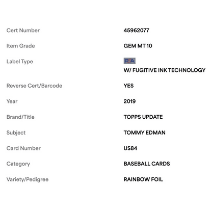Tommy Edman PSA 10 2019 Topps Update Rainbow Foil Rookie RC Card #US84