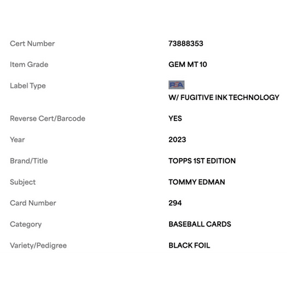 Tommy Edman PSA 10 2023 Topps 1st Edition Black Foil #d/ 25 Card #294