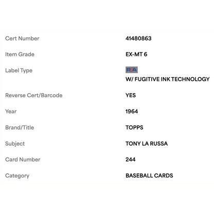 Tony LaRussa PSA 6 1964 Topps Card #244