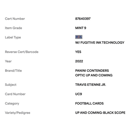 Travis Etienne Jr PSA 9 2022 Panini Contenders Optic Up and Coming Black Scope #d/ 25 Card #UC9
