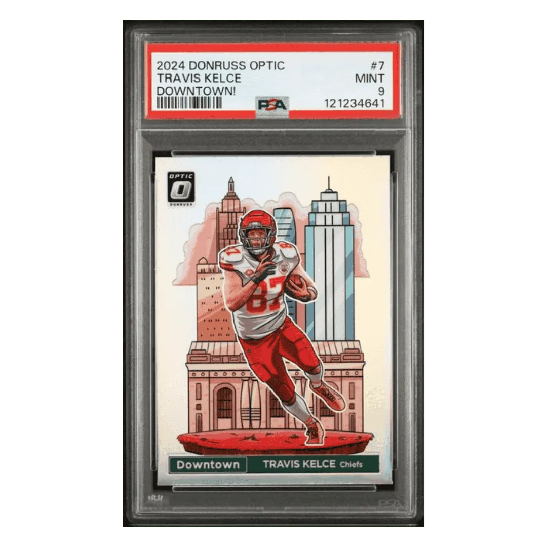 Travis Kelce PSA 9 2024 Panini Donruss Optic Downtown! Card #7