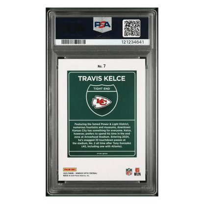 Travis Kelce PSA 9 2024 Panini Donruss Optic Downtown! Card #7