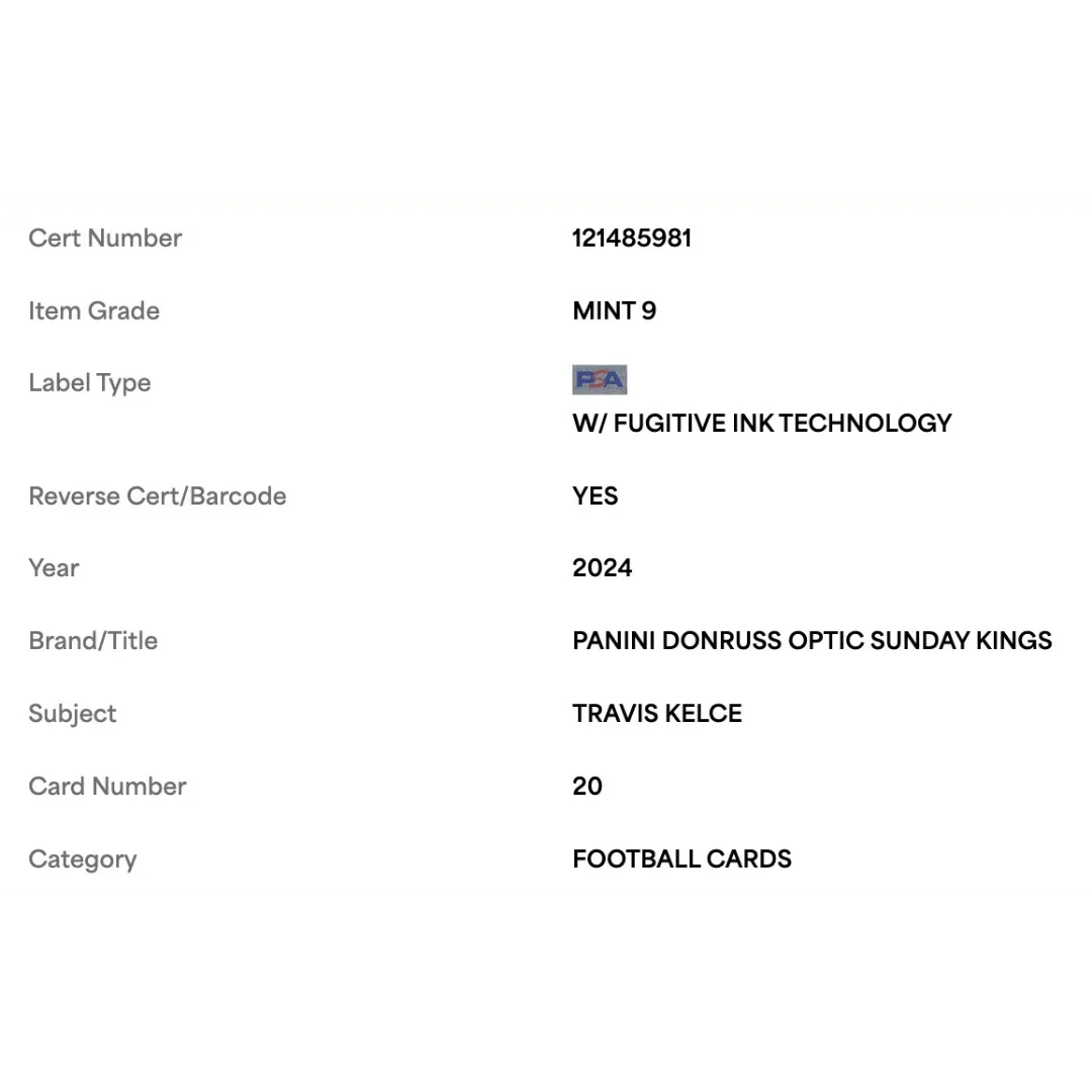 Travis Kelce PSA 9 2024 Panini Donruss Optic Sunday Kings Card #20