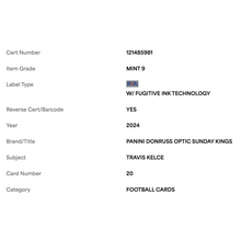 Travis Kelce PSA 9 2024 Panini Donruss Optic Sunday Kings Card #20