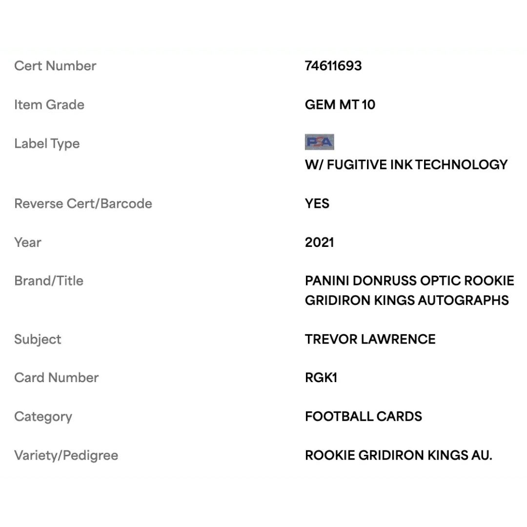 Trevor Lawrence PSA 10 2021 Donruss Optic Rookie Gridiron Kings Autographed #d/ 99 Card #RGK1