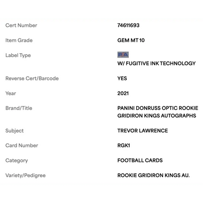 Trevor Lawrence PSA 10 2021 Donruss Optic Rookie Gridiron Kings Autographed #d/ 99 Card #RGK1