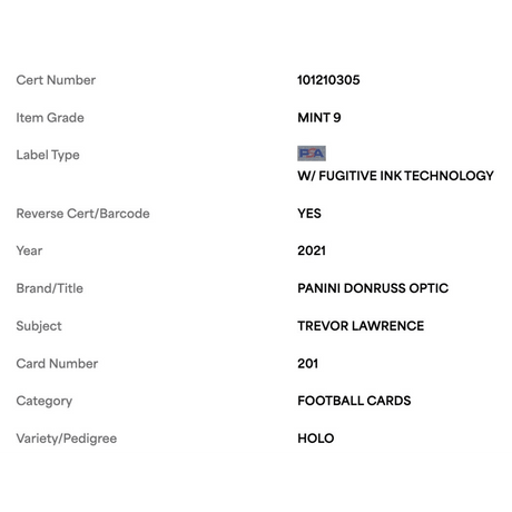 Trevor Lawrence PSA 9 2021 Panini Donruss Optic Holo Rated Rookie Card #201