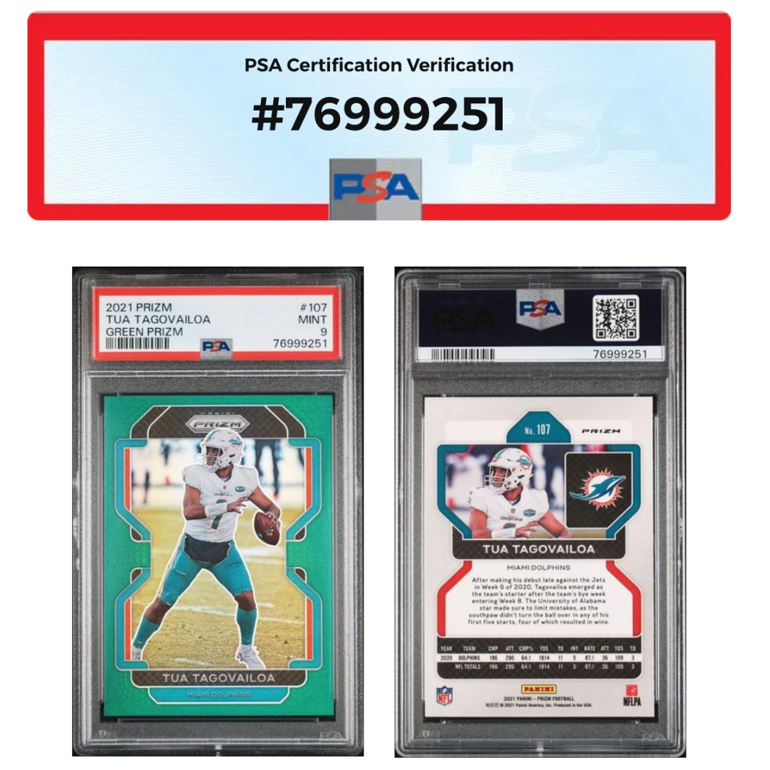 Tua Tagovailoa PSA 9 MINT 2021 Panini Green Prizm #107