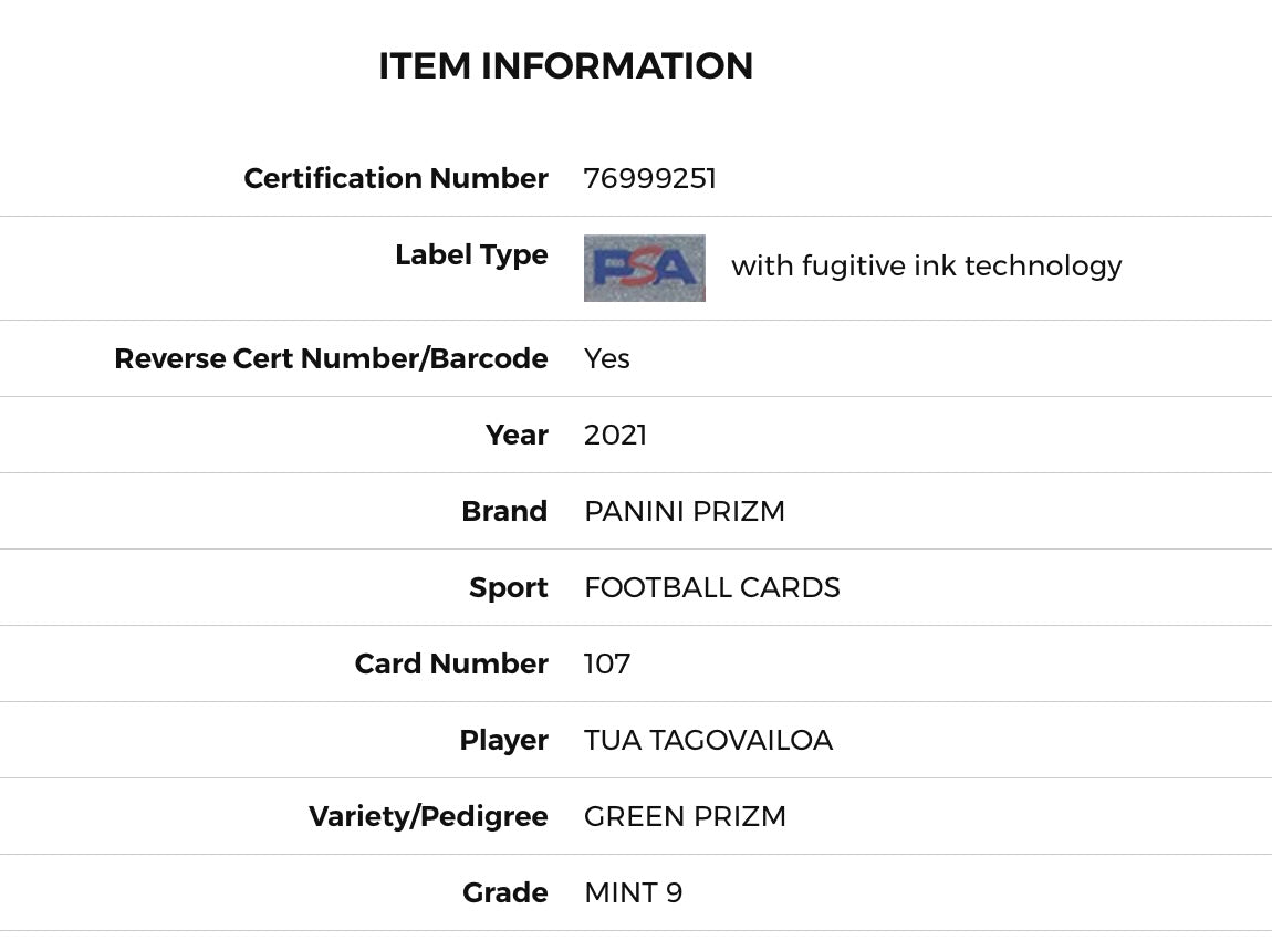 Tua Tagovailoa PSA 9 MINT 2021 Panini Green Prizm #107