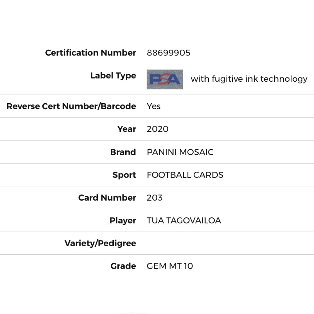Tua Tagovailoa PSA 10 2020 Panini Mosaic Rookie RC #203