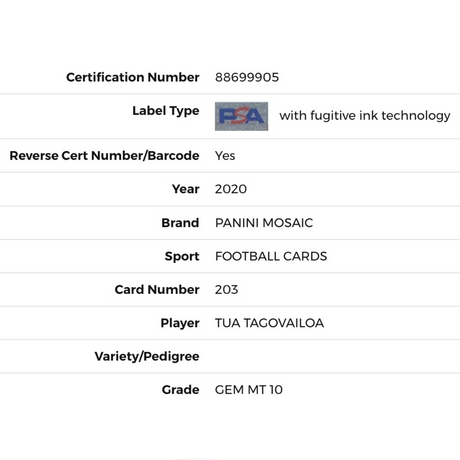 Tua Tagovailoa PSA 10 2020 Panini Mosaic Rookie RC #203