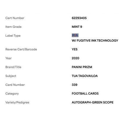 Tua Tagovailoa PSA 9 2020 Panini Prizm Autograph Green Scope Rookie RC #d/ 75 Card #339