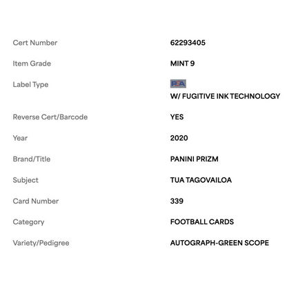 Tua Tagovailoa PSA 9 2020 Panini Prizm Autograph Green Scope Rookie RC #d/ 75 Card #339
