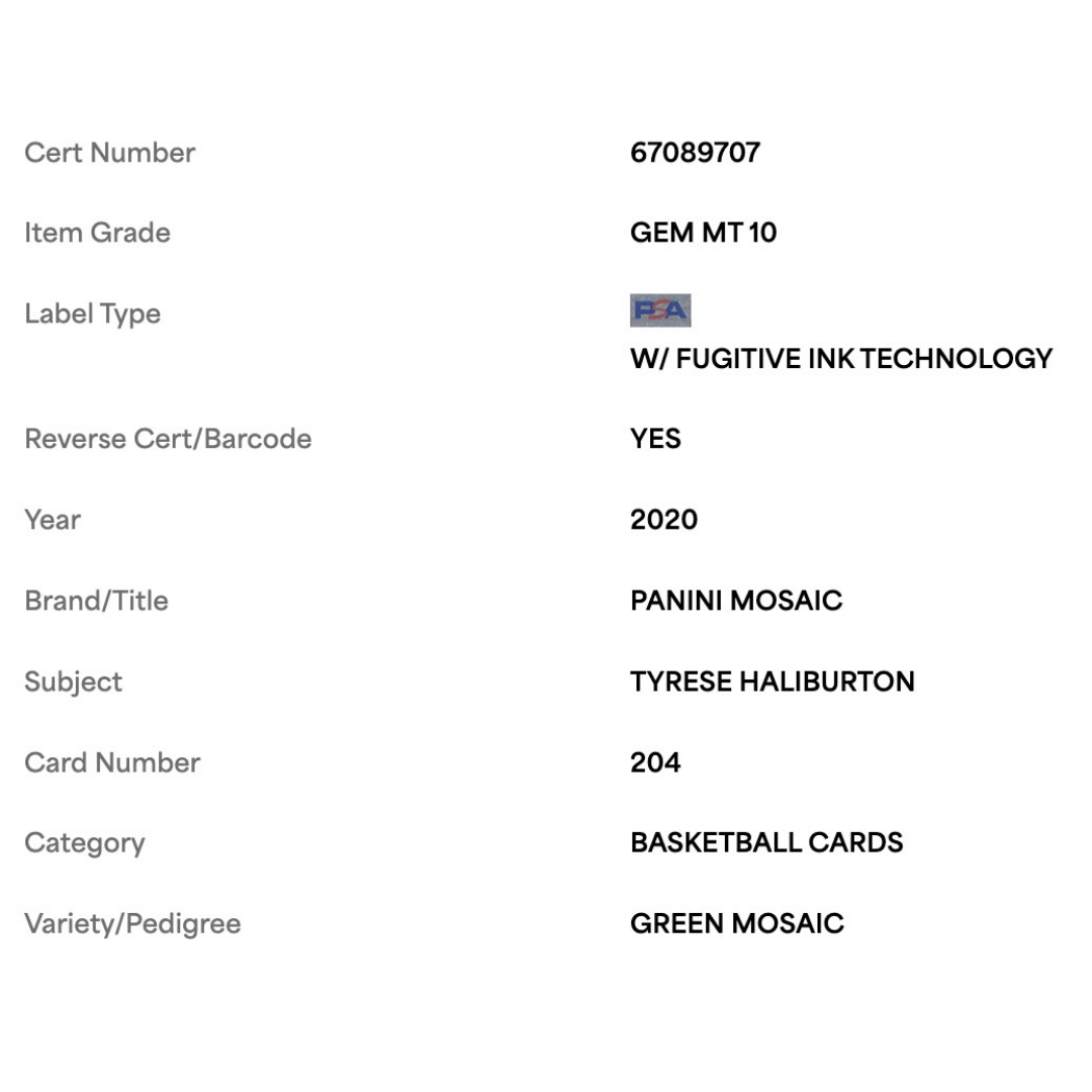 Tyrese Haliburton PSA 10 2020 Panini Mosaic Green Card #204