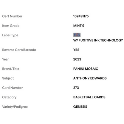 Anthony Edwards PSA 9 2023 Panini Mosaic Genesis Case Hit Card #273