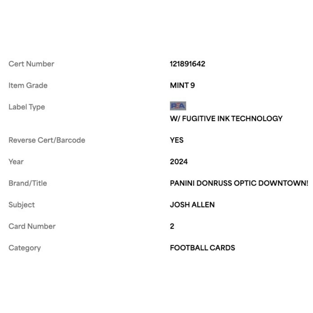 Josh Allen PSA 9 2024 Panini Donruss Optic Downtown! Card #2