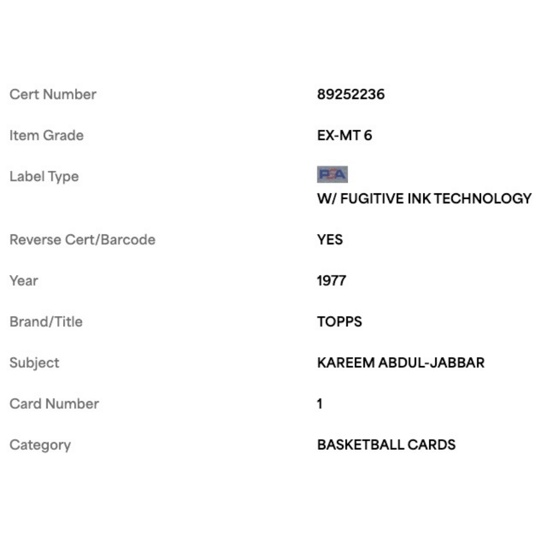 Kareem Abdul-Jabbar PSA 6 1977 Topps Card #1