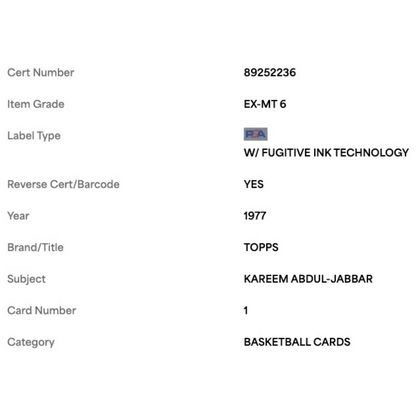 Kareem Abdul-Jabbar PSA 6 1977 Topps Card #1