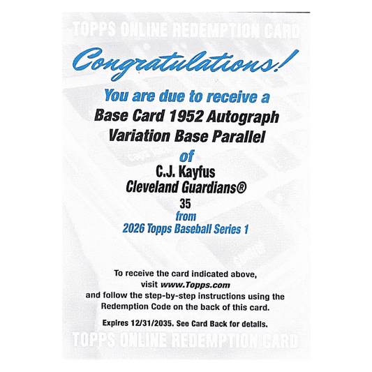 C.J. Kayfus 2026 Topps Baseball Series 1 1952 Autograph Variation Rookie Guardians Redemption