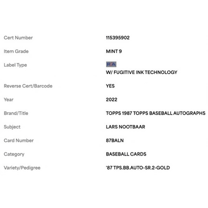 Lars Nootbaar PSA 9 2022 Topps '87 Topps Certified Autograph Issue Rookie RC #d/ 50 Card #87BALN
