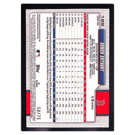 Roman Anthony 2026 Topps 75th Anniversary Series 1 Flagship Real One Autographs #d/ 75 Card #189