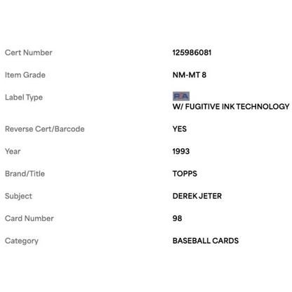 Derek Jeter PSA 8 1993 Topps Card #98