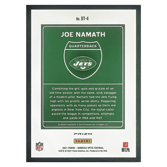 Joe Namath 2021 Panini Donruss Optic Downtown Card #DT4