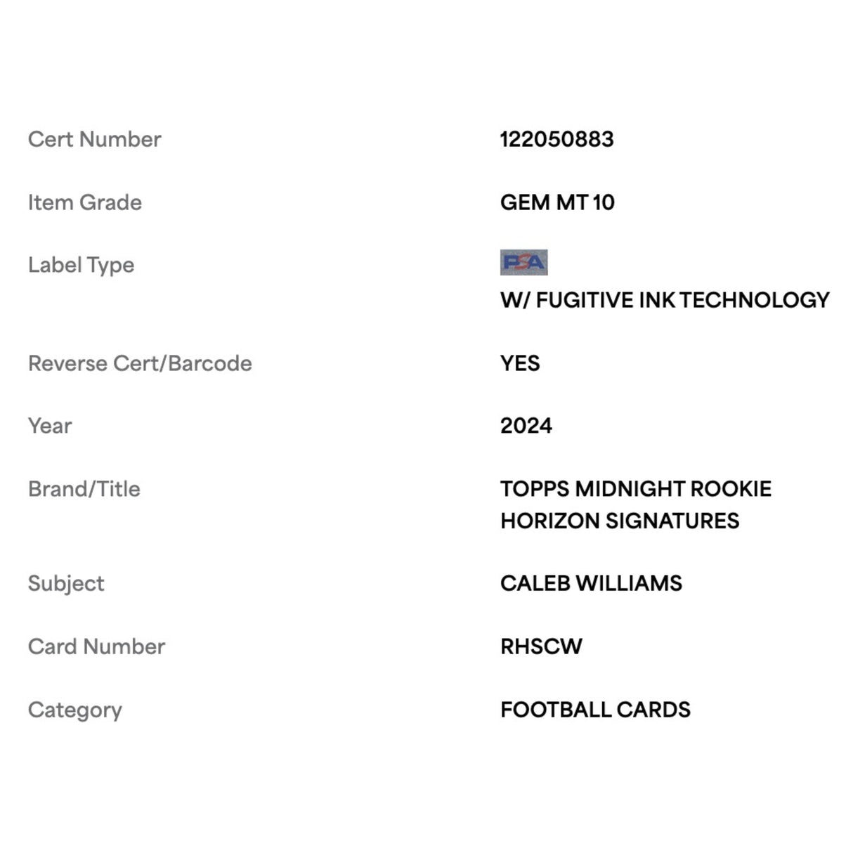 Caleb Williams PSA 10 2024 Topps Midnight Rookie Horizon Signature Card #RHSCW