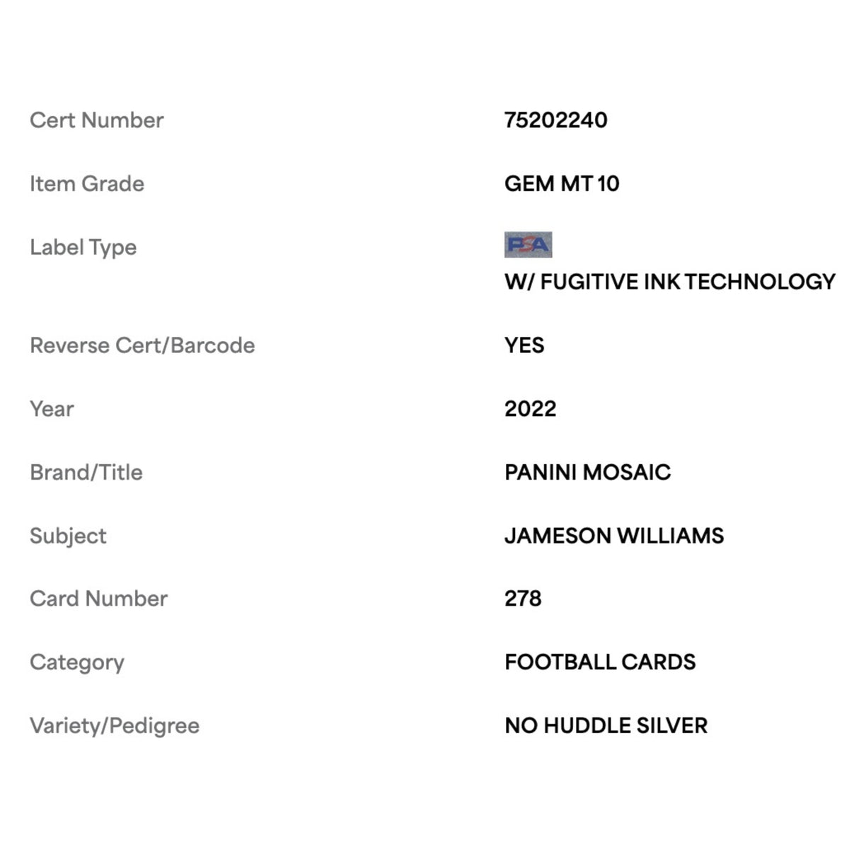 Jameson Williams PSA 10 2022 Panini Mosaic No Huddle Silver Rookie RC Card #278