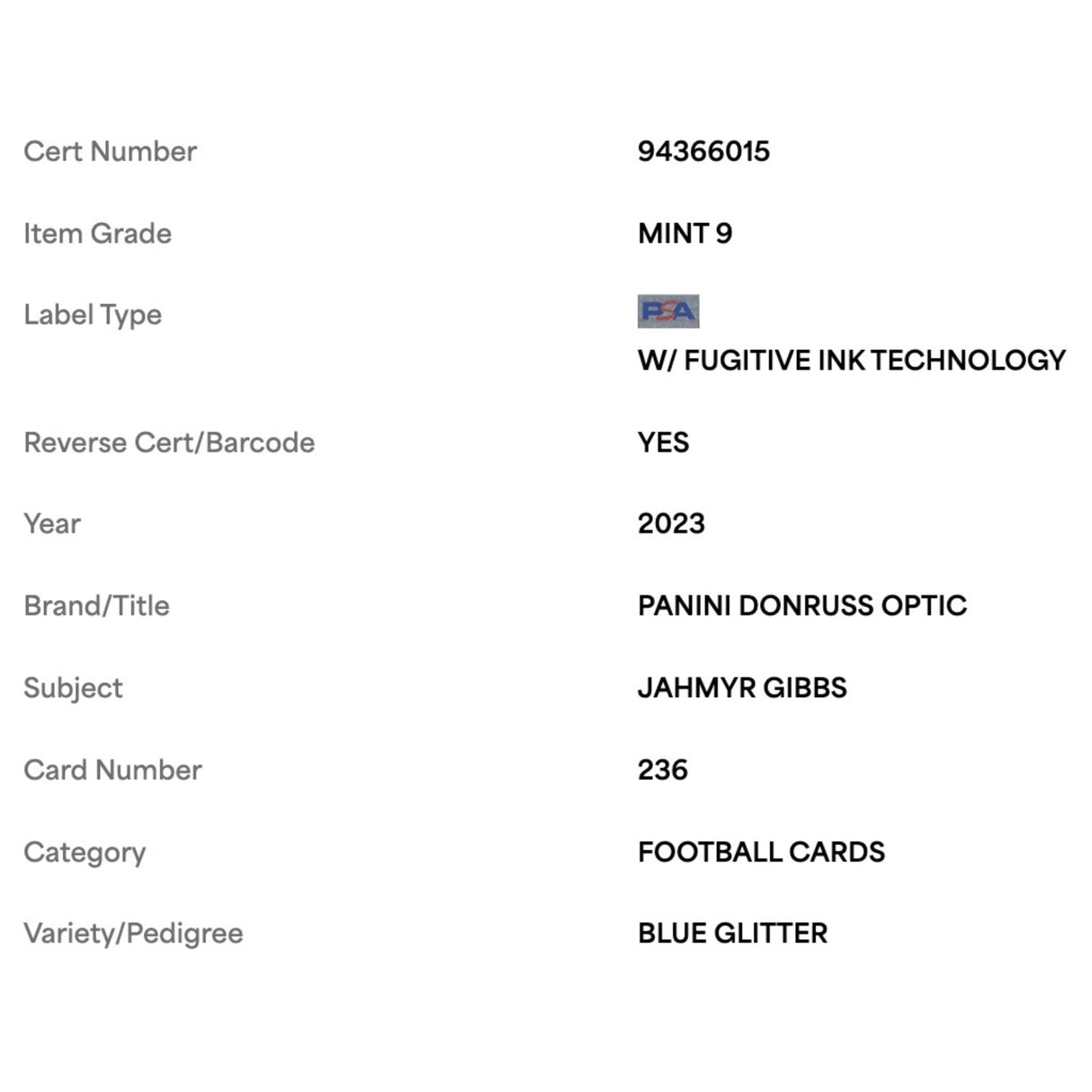 Jahmyr Gibbs PSA 9 2023 Panini Donruss Optic Blue Glitter Rated Rookie Card #236