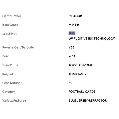 Tom Brady PSA 9 2014 Topps Chrome Blue Jersey Refractor #d/ 299 Card #62
