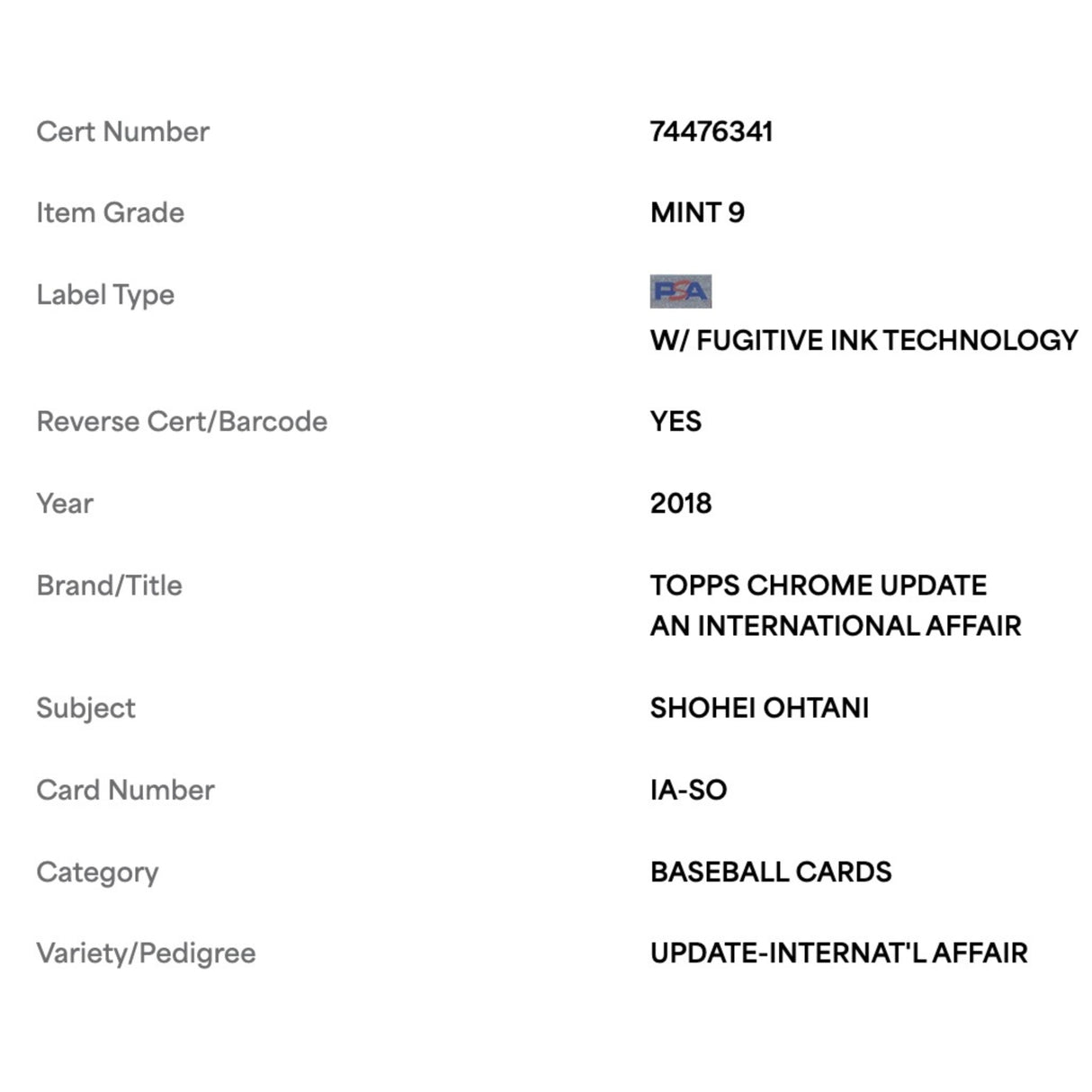 Shohei Ohtani PSA 9 2018 Topps Chrome Update International Affair Rookie Card #IA-SO