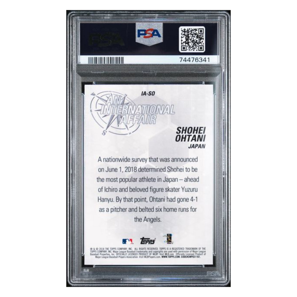 Shohei Ohtani PSA 9 2018 Topps Chrome Update International Affair Rookie Card #IA-SO