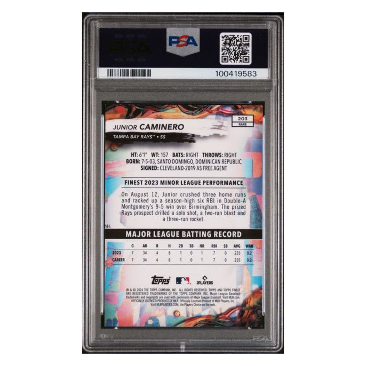 Junior Caminero PSA 9 2024 Topps Finest Sky Blue Refractor Rookie RC #d/ 150 Card #203