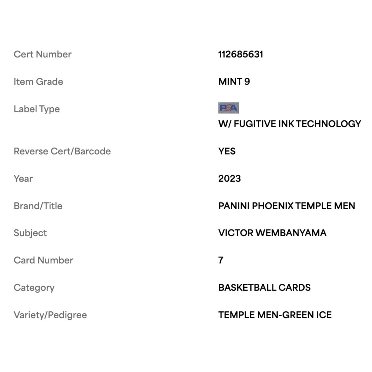 Victor Wembanyama PSA 9 2023 Panini Phoenix Temple Men Green Ice Rookie RC #d/ 149 Card #7