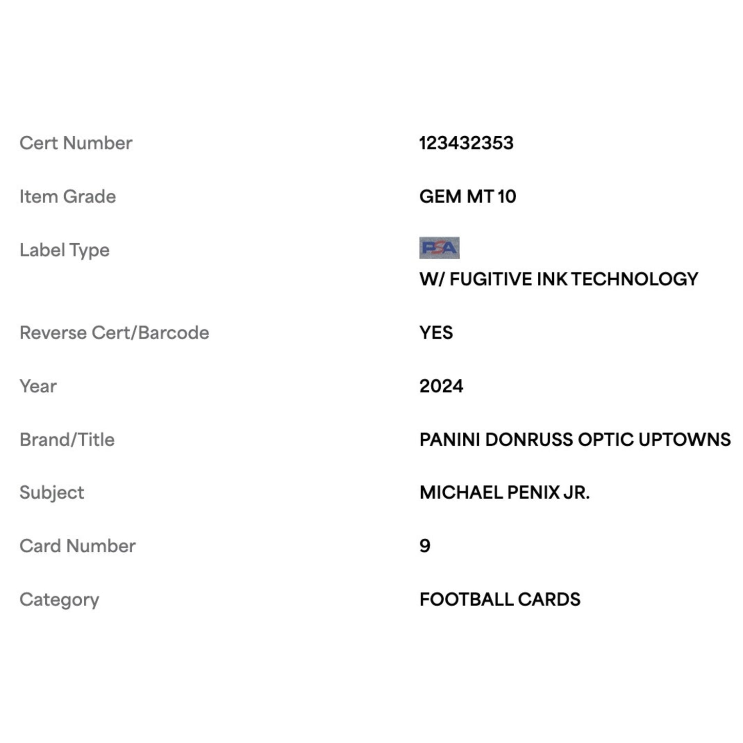 Michael Penix Jr PSA 10 2024 Panini Donruss Optic Uptowns Rookie RC Card #9