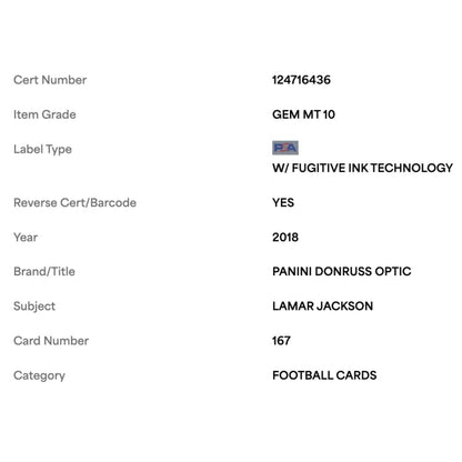 Lamar Jackson PSA 10 2018 Panini Donruss Optic Rated Rookie Card #167