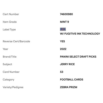 Jerry Rice PSA 9 2022 Panini Select Draft Picks Zebra Prizm Case Hit Card #53