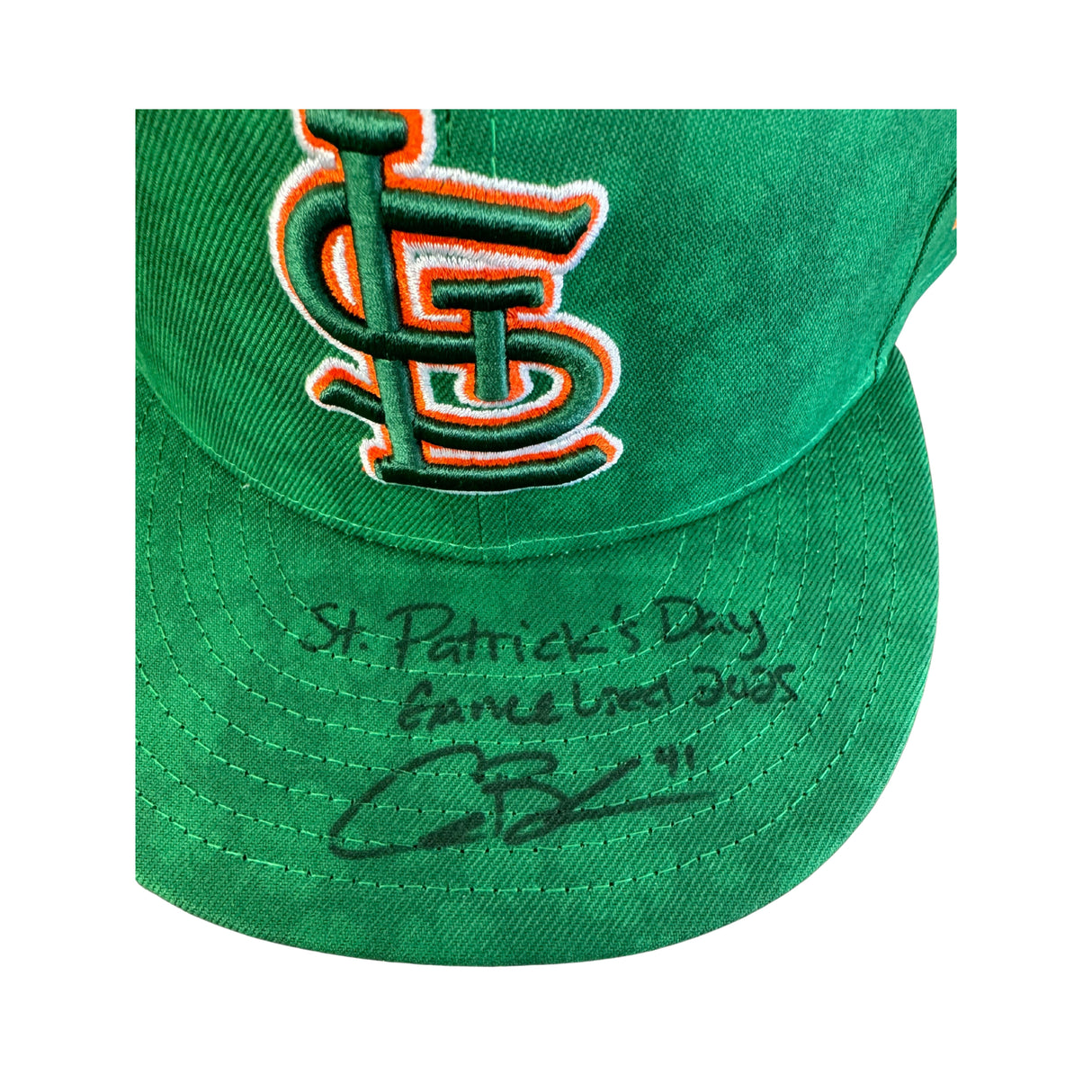 Alec Burleson St Louis Cardinals Autographed 2025 Game Used St Patricks Day Hat w/ Inscription - JSA COA