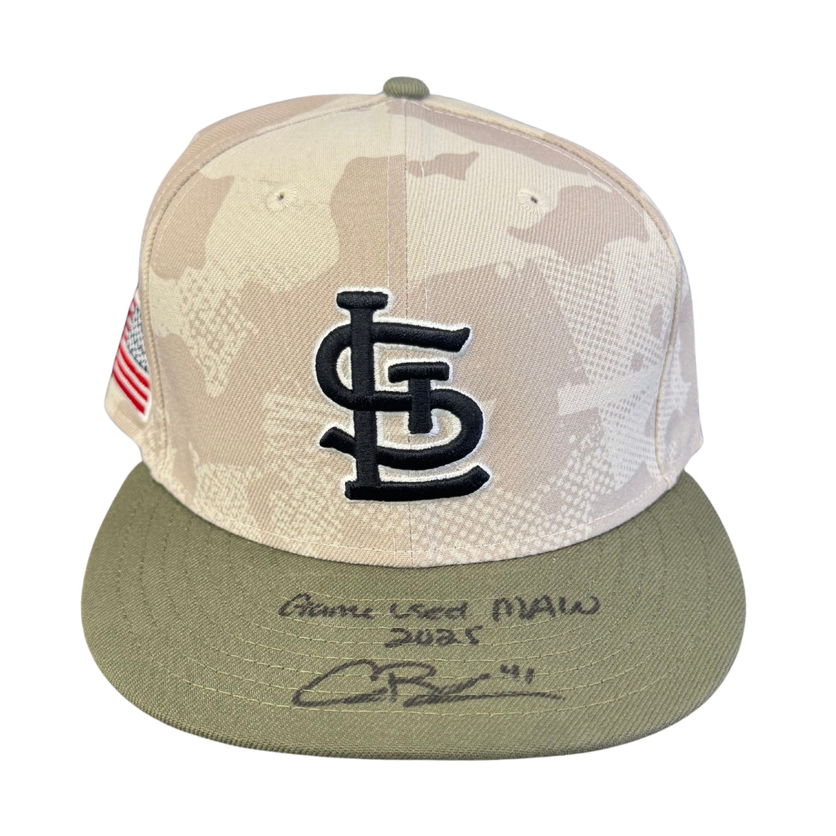 Alec Burleson St Louis Cardinals Autographed 2025 Game Used Military Appreciation Weekend Hat w/ Inscription - JSA COA