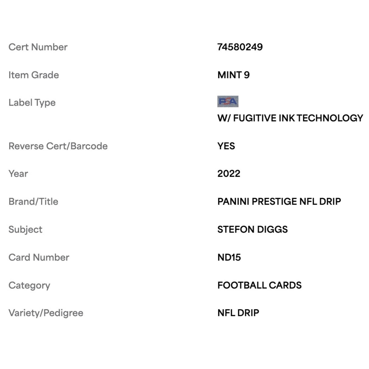 Stefon Diggs PSA 9 2022 Panini Prestige NFL Drip Case Hit Card #ND15