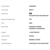 J.J. Wetherholt PSA 9 2025 Topps Bowman Chrome Prospects Autograph HTA Choice Refractor #d/ 150 Card #CPAJW