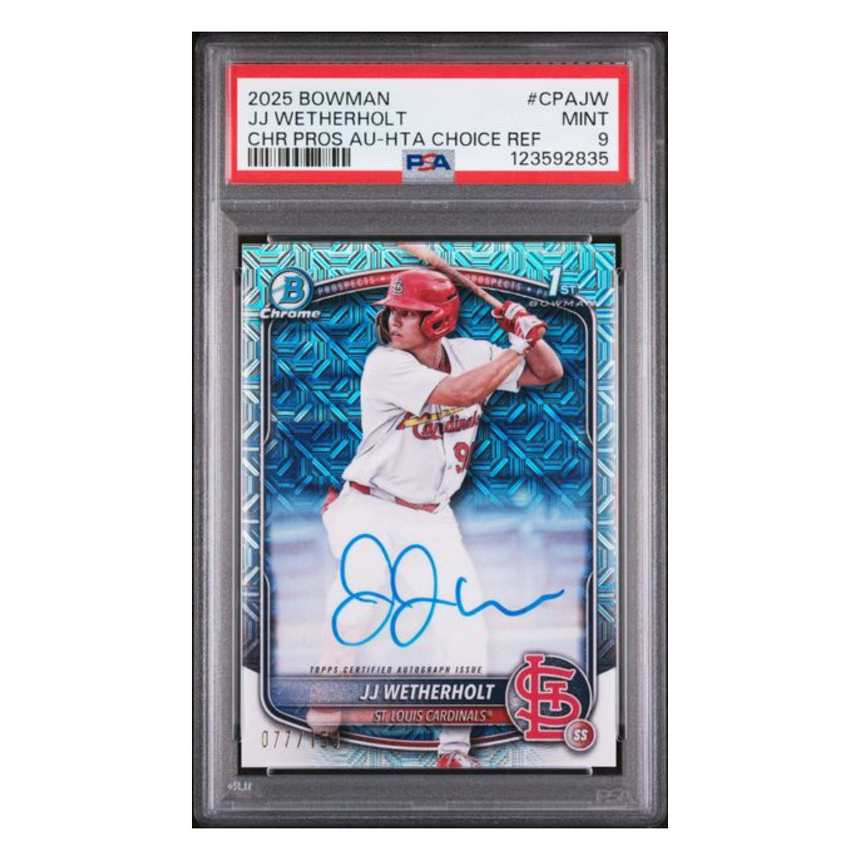 J.J. Wetherholt PSA 9 2025 Topps Bowman Chrome Prospects Autograph HTA Choice Refractor #d/ 150 Card #CPAJW