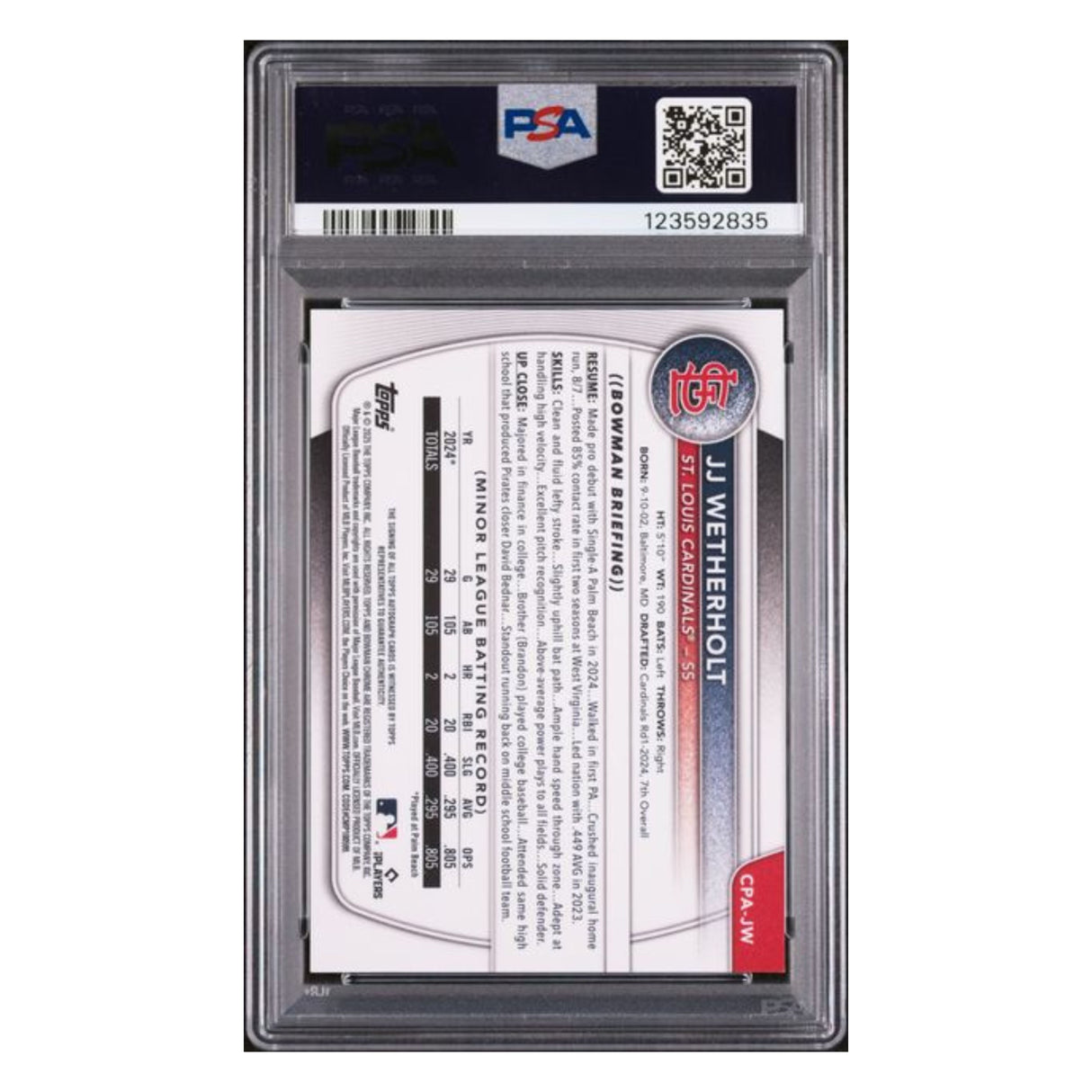 J.J. Wetherholt PSA 9 2025 Topps Bowman Chrome Prospects Autograph HTA Choice Refractor #d/ 150 Card #CPAJW