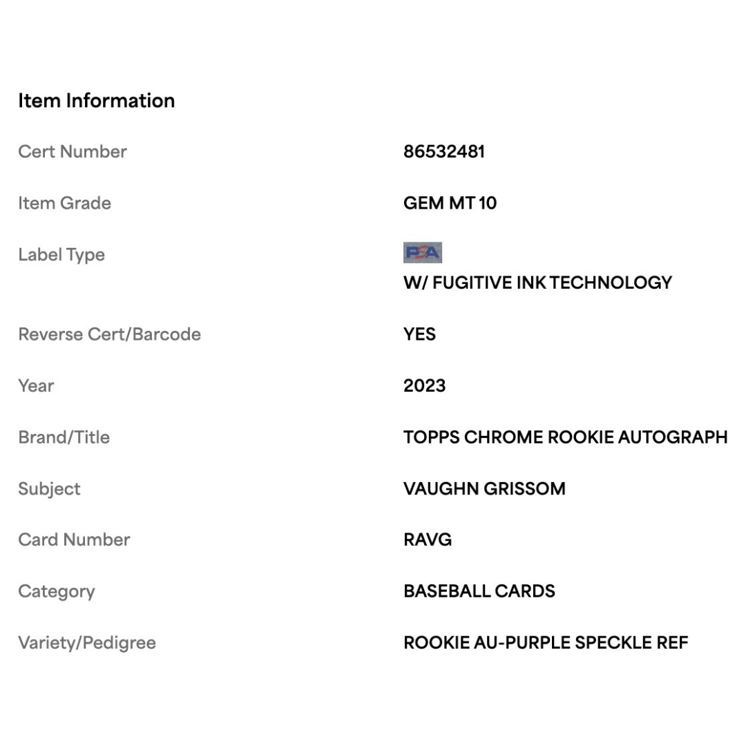 Vaughn Grissom PSA 10 2023 Topps Chrome Rookie Auto Purple Speckle #d /299 Card #RAVG
